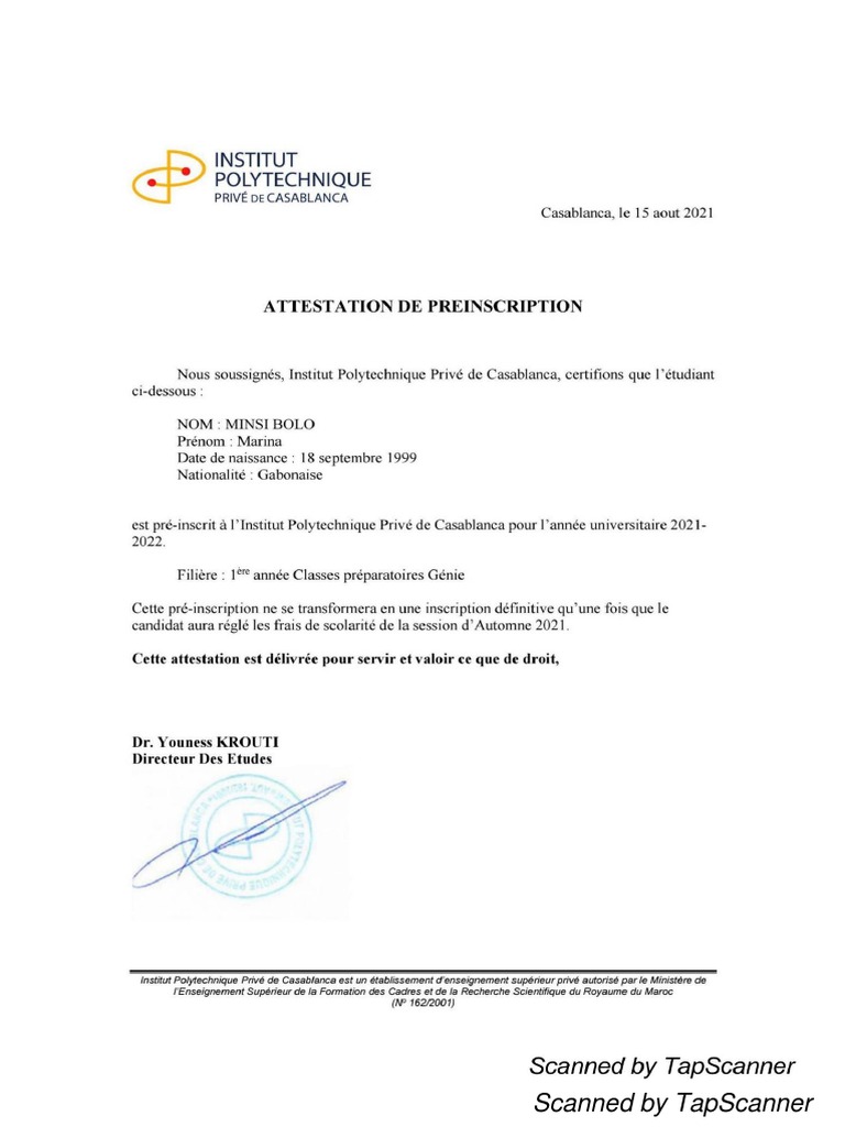 Attestation De Pr Inscription PDF