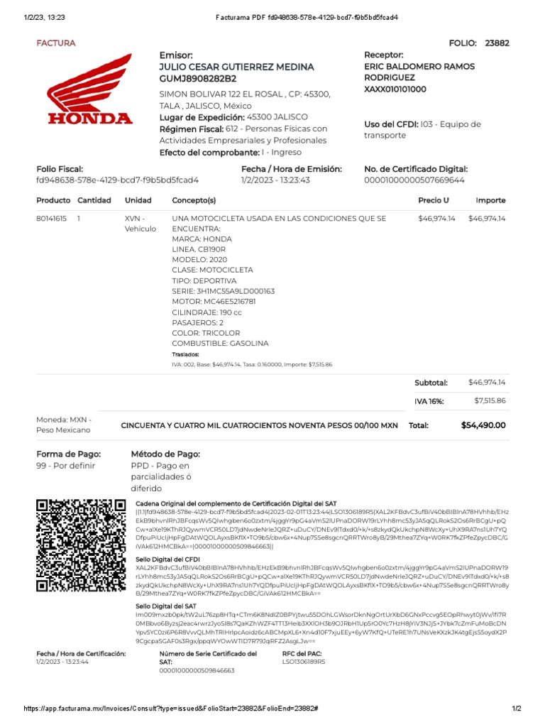 Factura de Motocicleta Honda 2023 | PDF