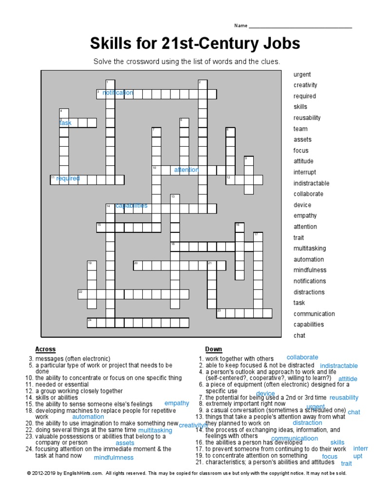 Skills For 21st Century Jobs Crossword PDF Attention Communication