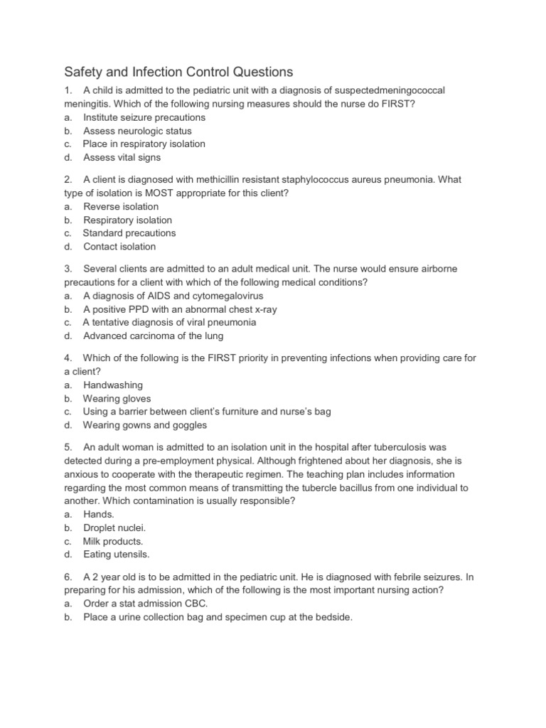 Safety and Infection Control Questions Answers PDF Transmission