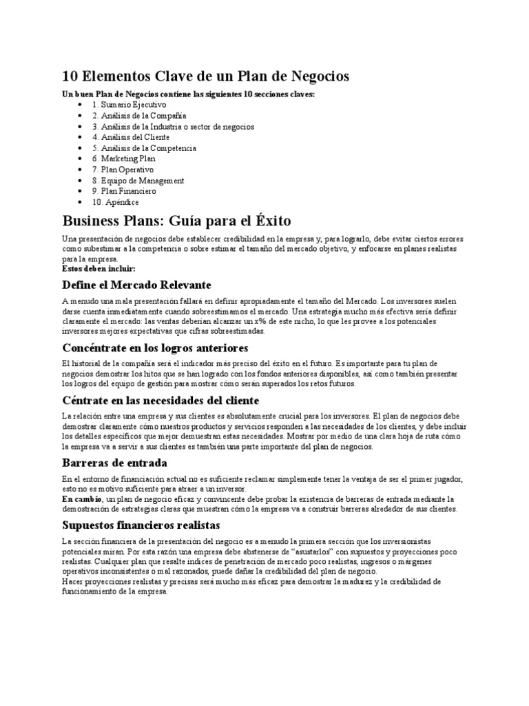 10 Elementos Clave de Un Plan de Negocios | PDF | Iniciativa ...