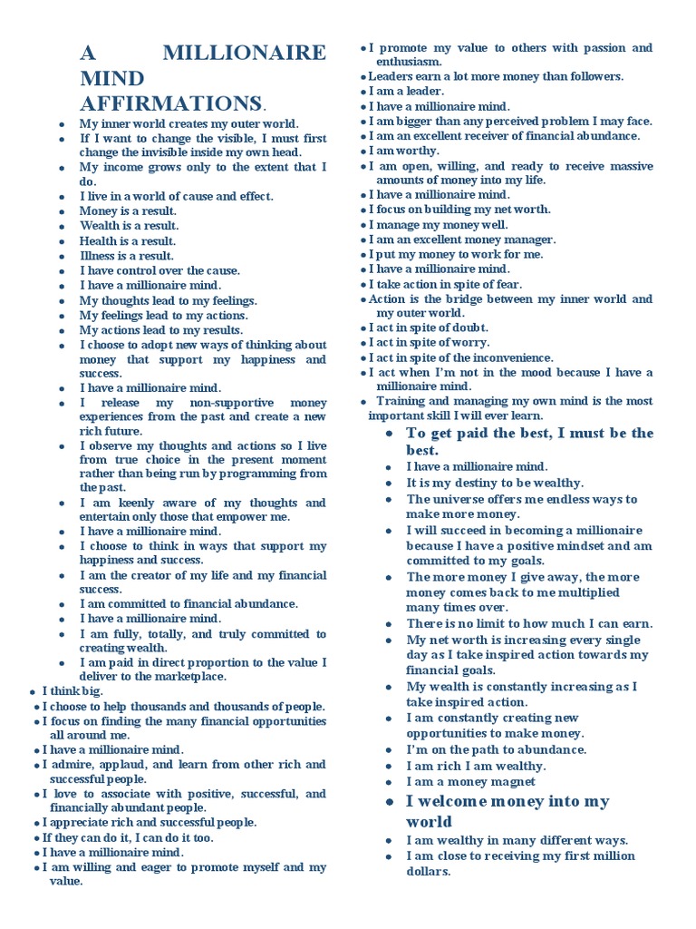 A Millionaire Mind Affirmations Pdf Wealth Thought
