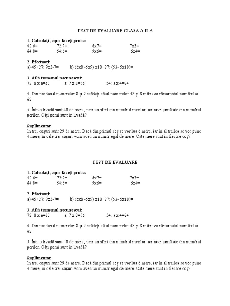 Test de Evaluare Inmultirea Clasa A Iia | PDF