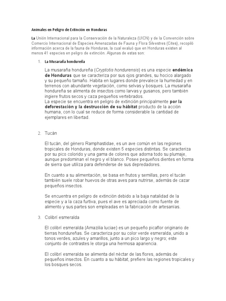 Animales en Peligro de Extinción en Honduras | PDF