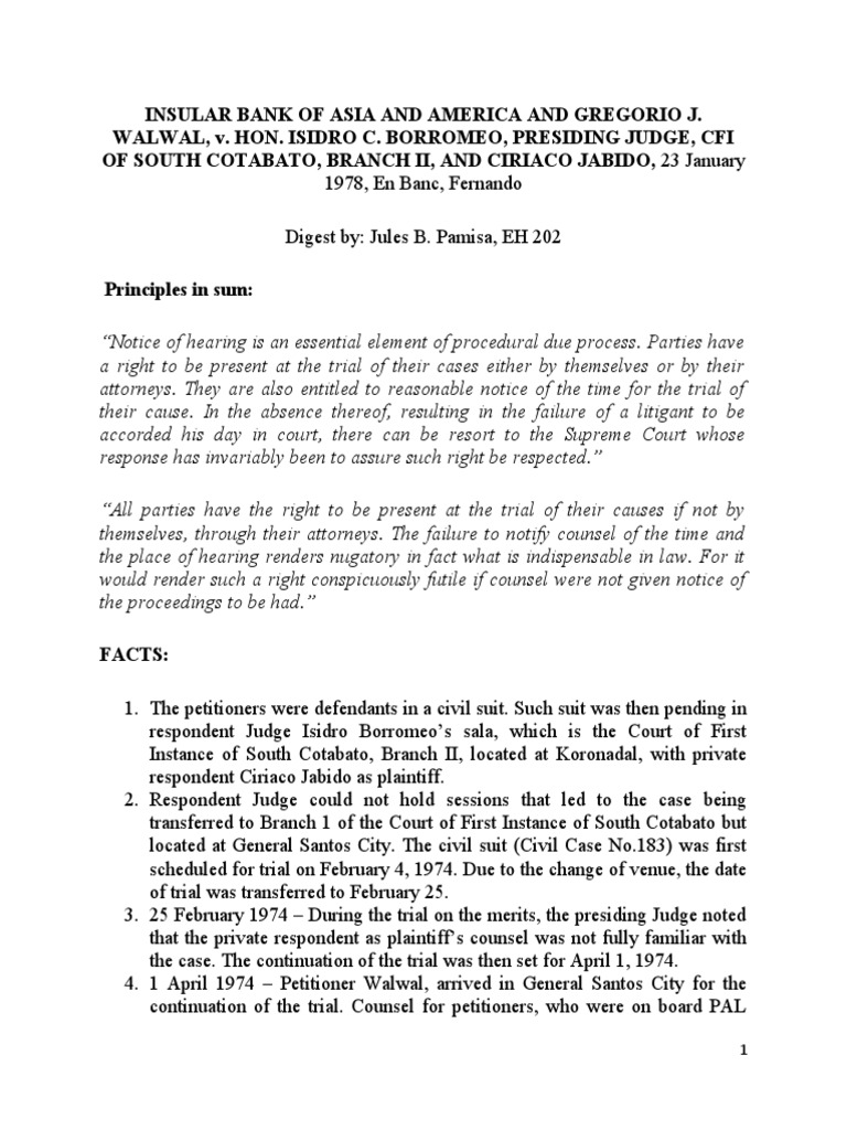 Insular Bank of Asia and America v. Borromeo (1978) Pamisa EH202 | PDF ...