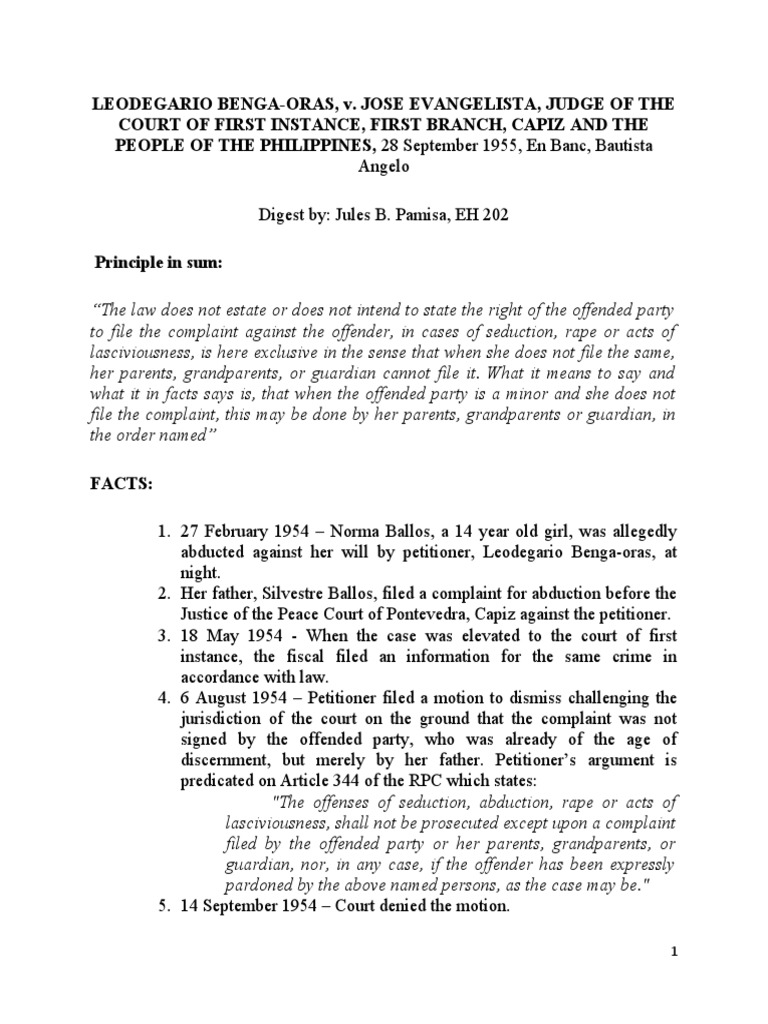 Benga-Oras Vs Evangelista (1955), Pamisa EH202 | PDF | Complaint ...