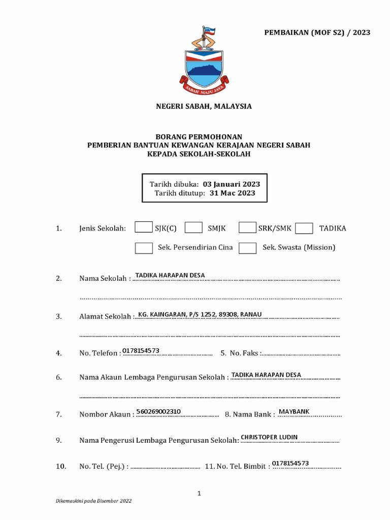 Borang Pembaikan Tadika | PDF