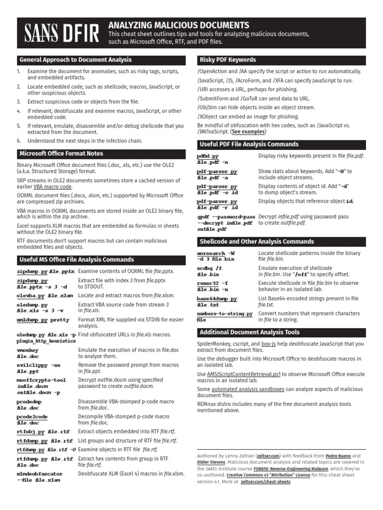 SANS Analysing Malicious Docs Cheat Sheet | PDF | Microsoft Excel | Java  Script