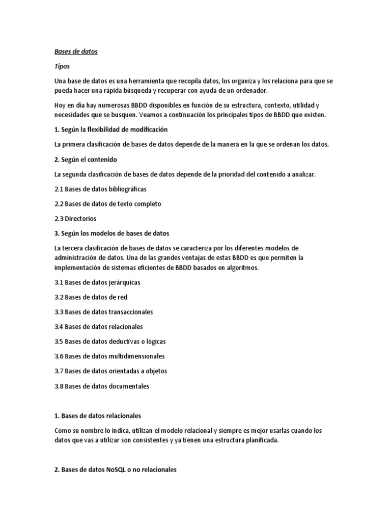 Tipos y Estructura de Bases de Datos | PDF | Informática