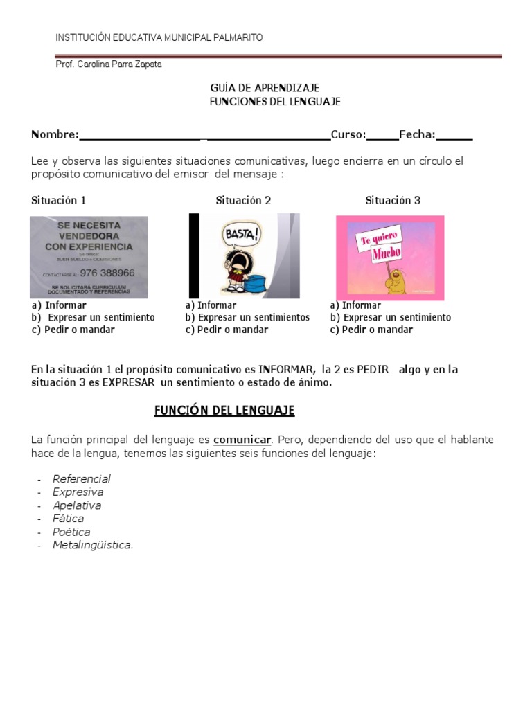 Funciones del Lenguaje en Situaciones Comunicativas | PDF ...