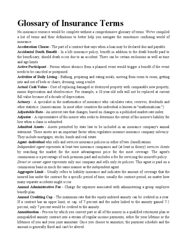 Glossary of Insurance Terms PDF Cost Of Living Insurance