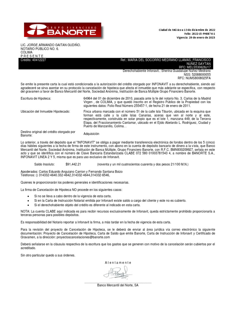 Carta de Cancelación Hipoteca Infonavit | PDF | Bancos | Bancario