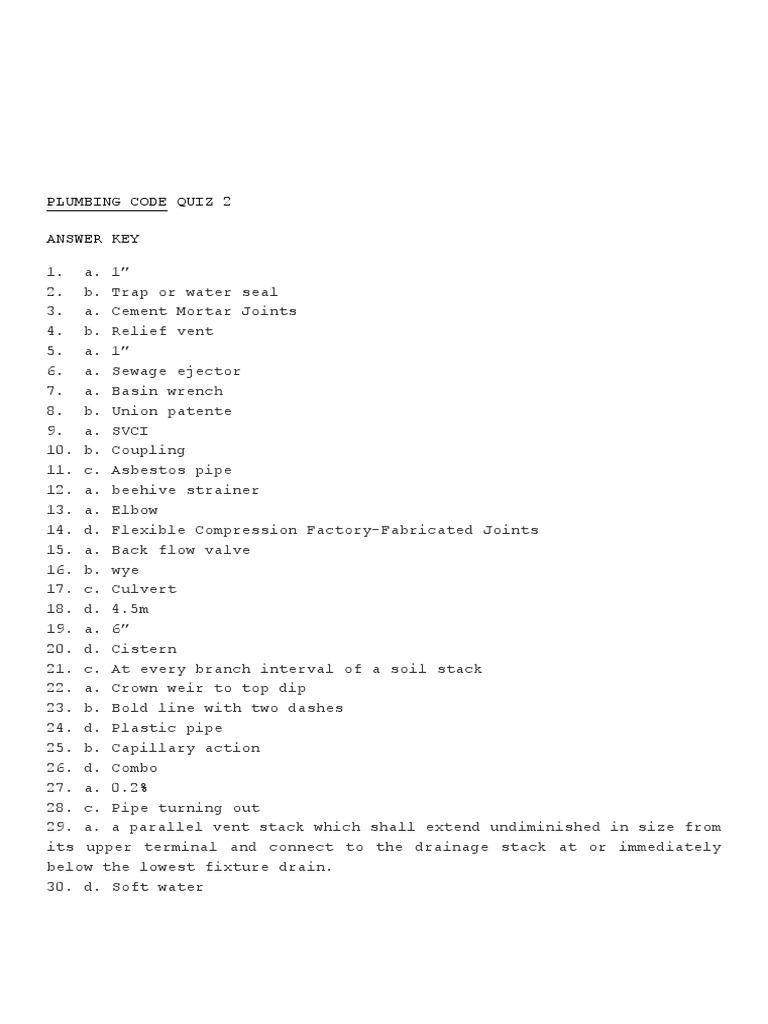 Plumbing Code Quiz 2 Answer Key PDF Plumbing Pipe (Fluid Conveyance)