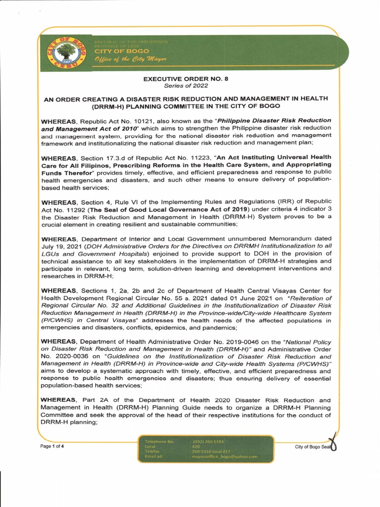 SAMPLE E.O. For Creating A DRRM-H Planning Committee | PDF