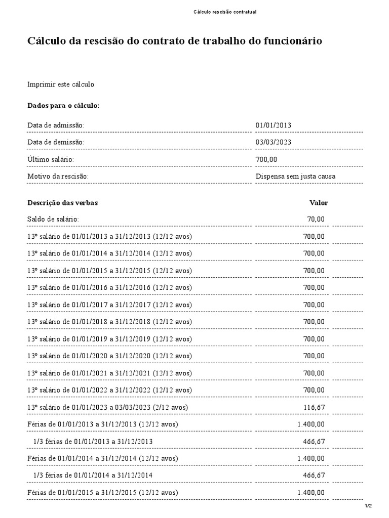 Cálculo Rescisão Contratual | PDF | Férias trabalhistas | Expediente