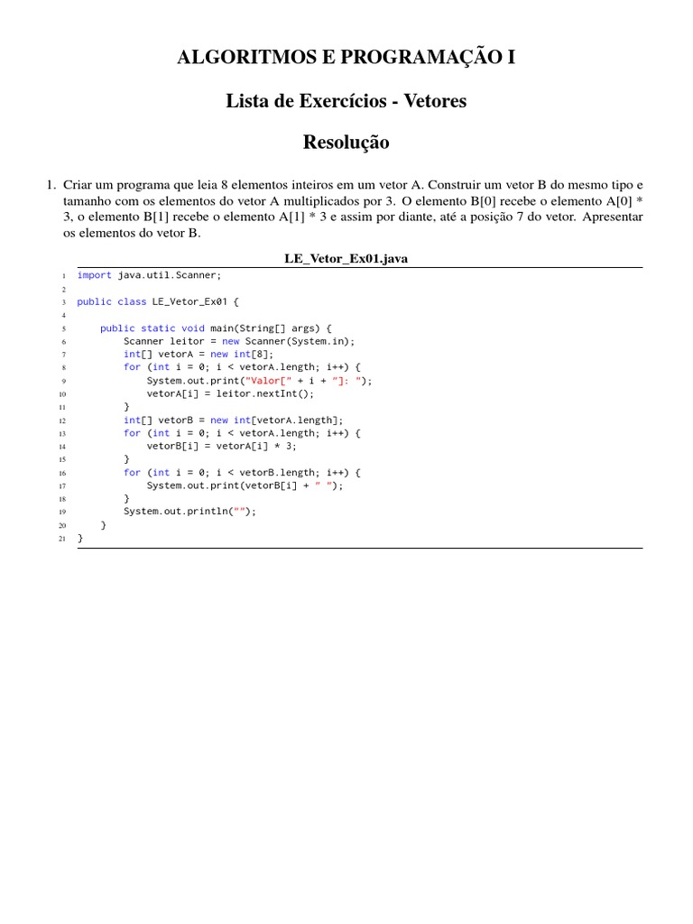Exercícios sobre Vetores em Java | PDF | Java (linguagem de programação ...