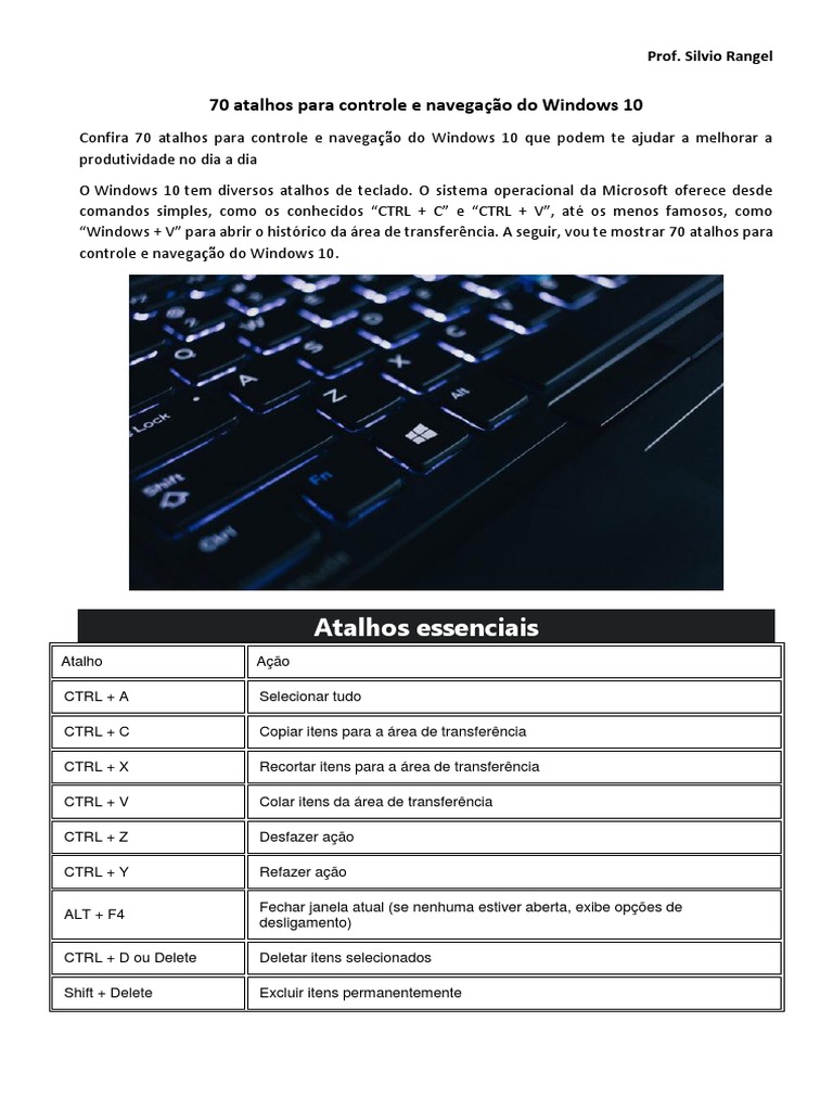 70 Atalhos para Windows 10 | PDF | Botão Ctrl | Janela (informática)