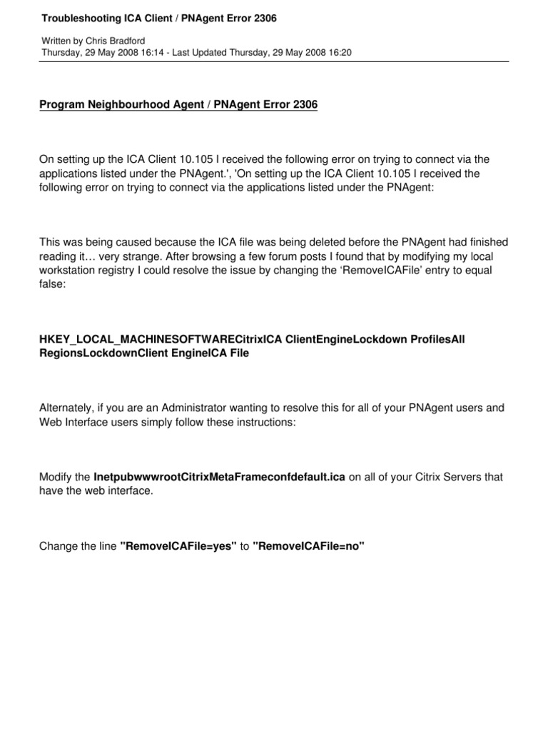 Troubleshooting Ica Client Pnagent Error 2306 | PDF