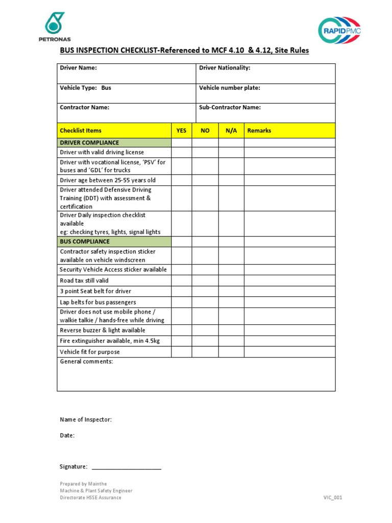 School Bus Inspection Checklist | PDF | Bus | Vehicles