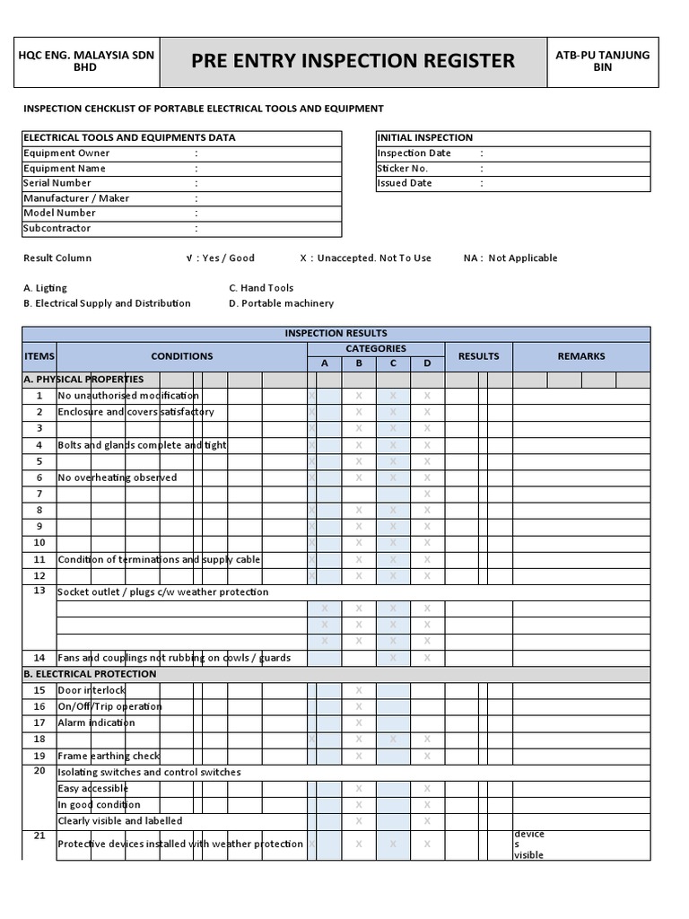 Power Tools Inspection Checklist PDF Electrical Engineering Power