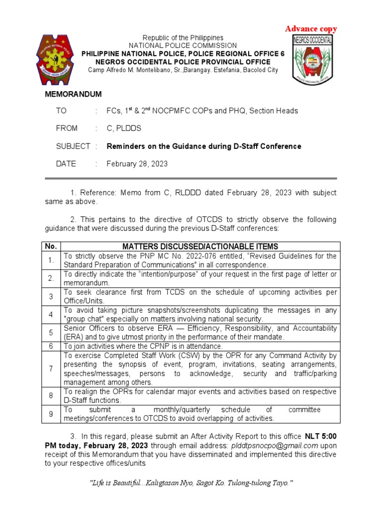 Reminders On The Guidance During The D Staff Conference PDF