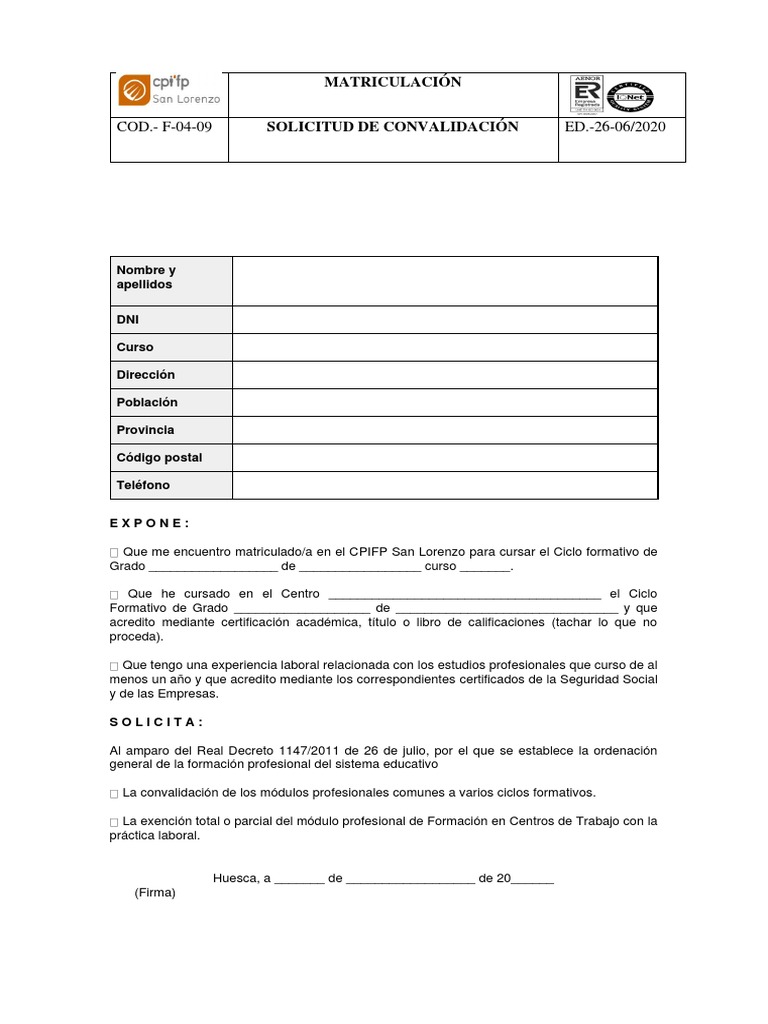 Solicitud de Convalidación FP | PDF | Crecimiento personal y profesional