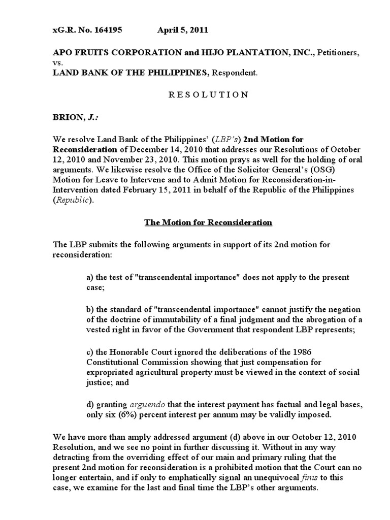 Supreme Court Rules on Land Bank's 2nd Motion for Reconsideration PDF