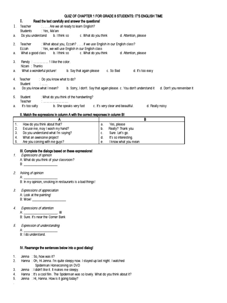 Grade 8 English Quiz Chapter 1 Pdf Language Arts Discipline