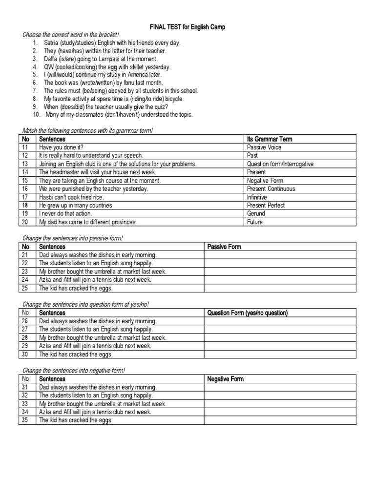 English Camp Final Test Grammar Exercises Pdf Part Of Speech Verb