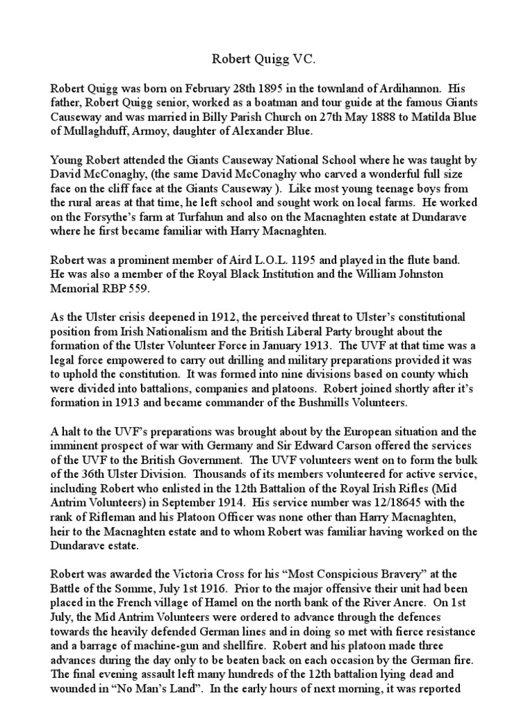 Robert Quigg VC: A Hero's Legacy | PDF | Military Of The United Kingdom ...