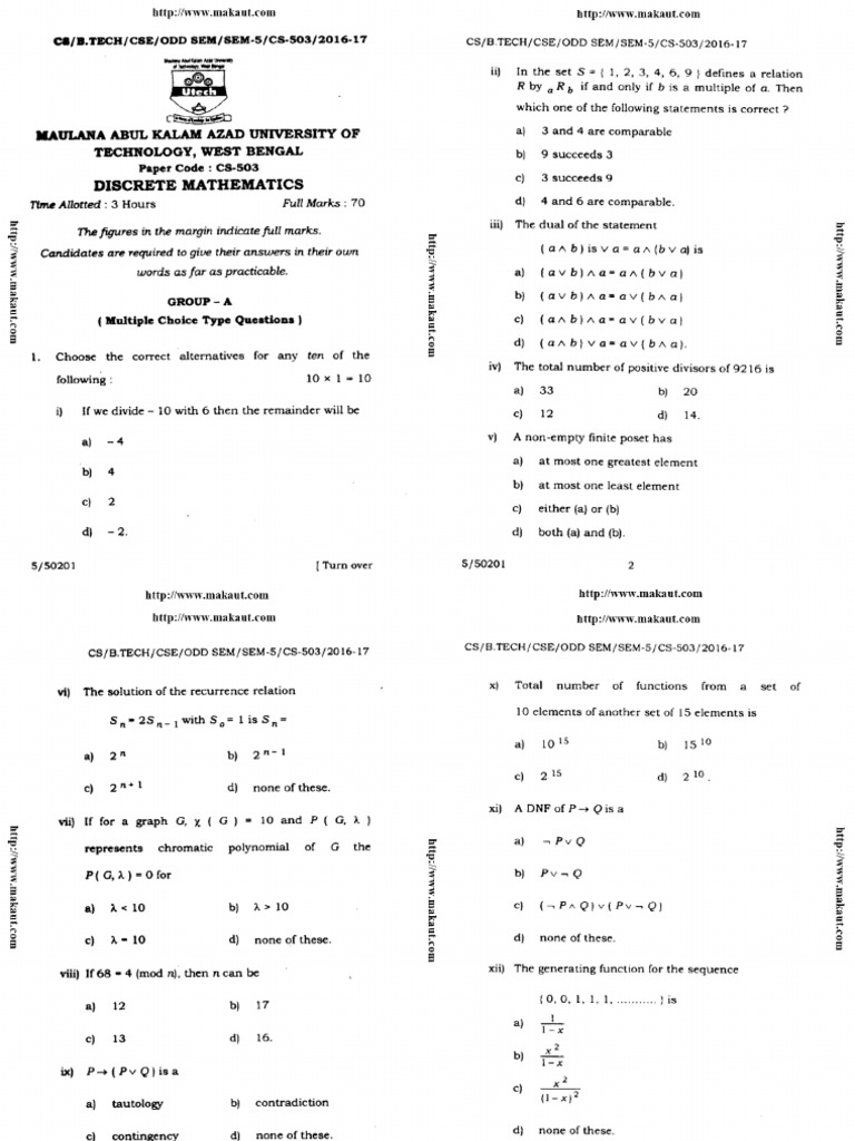 Btech Cse 5 Sem Discrete Mathematics 2017 | PDF