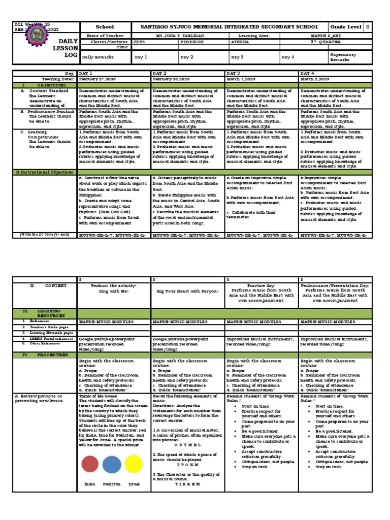 MAPEH 8: Zum Gali Gali Lesson Plan | PDF | Classroom | Teachers