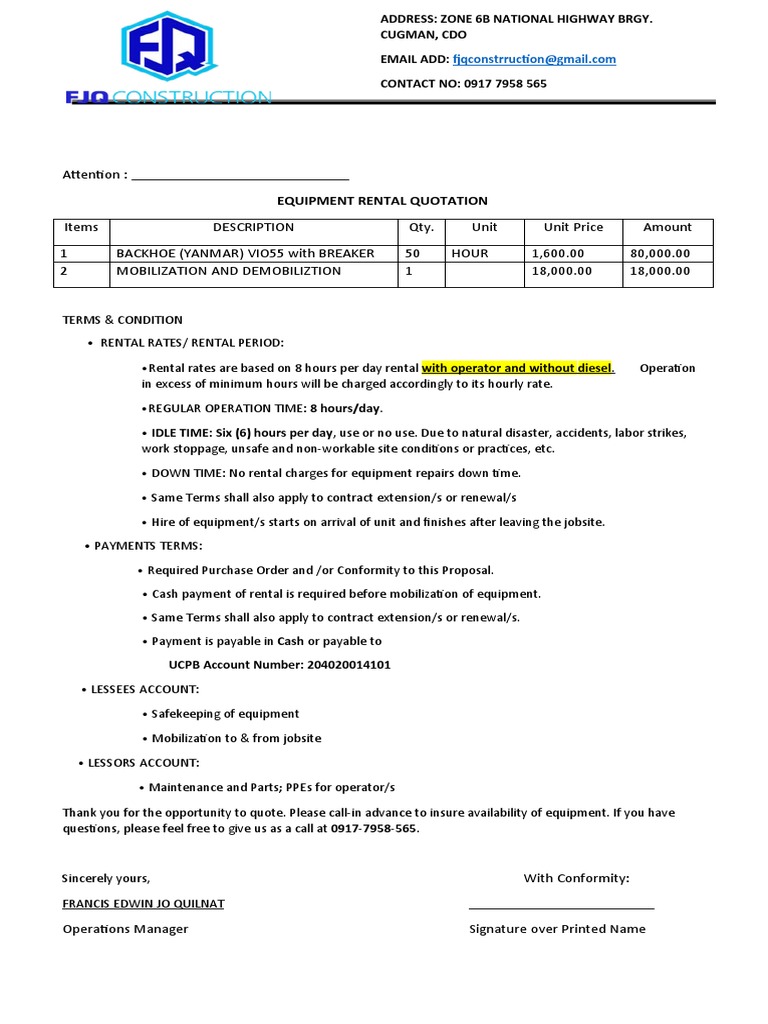 Backhoe Equipment Rental Quotation PDF Lease Civil Law (Legal System)