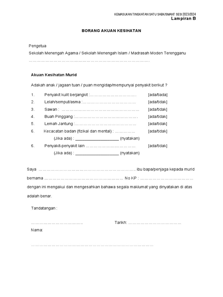 Lampiran b akuan kesihatan pdf