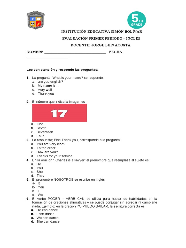 Evaluación de Inglés - Primer Período | PDF | Language Arts ...