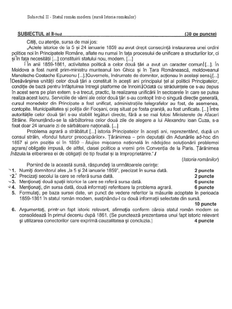 Subiectul II - Statul Român Modern (Sursă Istoria Românilor) | PDF