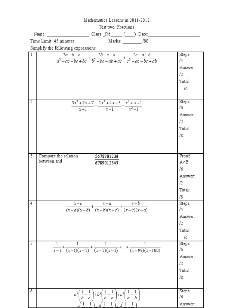 2011-2012 P.6 Fractions Test | PDF
