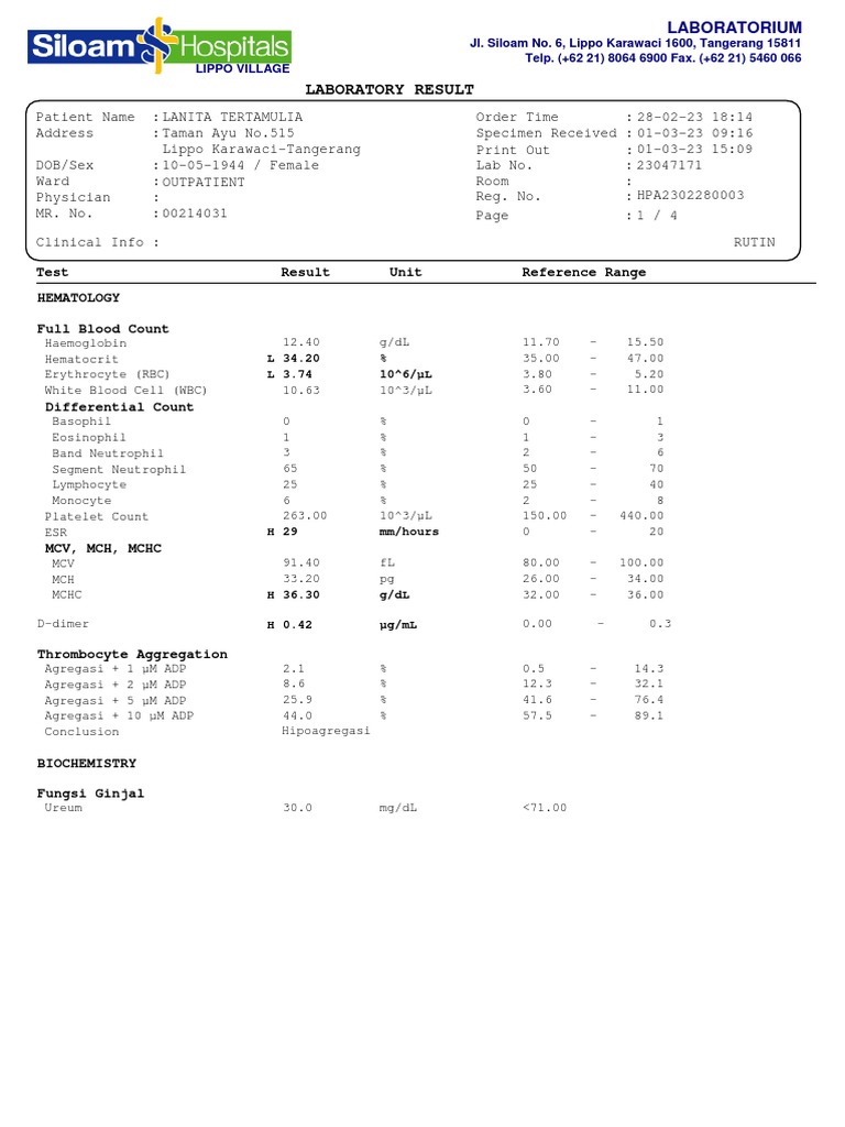 Comprehensive Laboratory Test Results for 74Year Old Female Outpatient