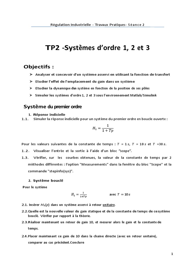 TP Régulation : Systèmes d'Ordre 1 à 3 | PDF | Automatisation ...