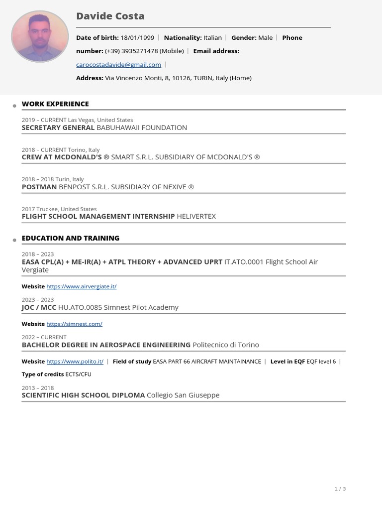 CV - Davide Costa | Download Free PDF | Vocational Education ...