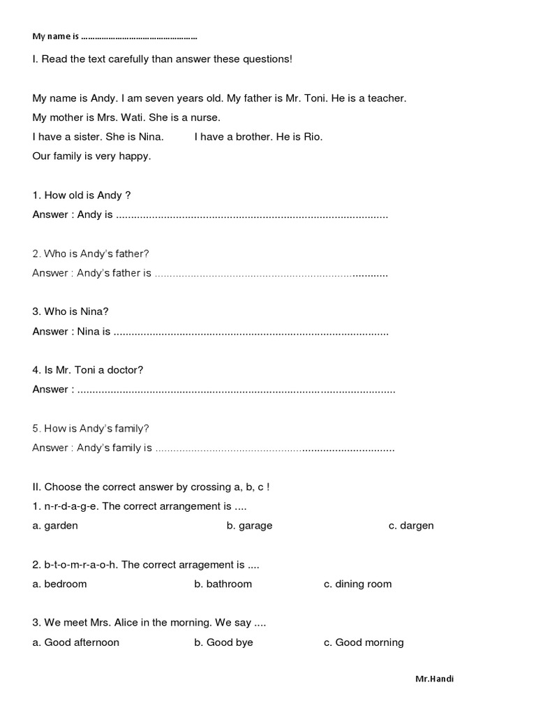 Soal Bahasa Inggris Kelas 2 SD | PDF | Language Arts & Discipline ...