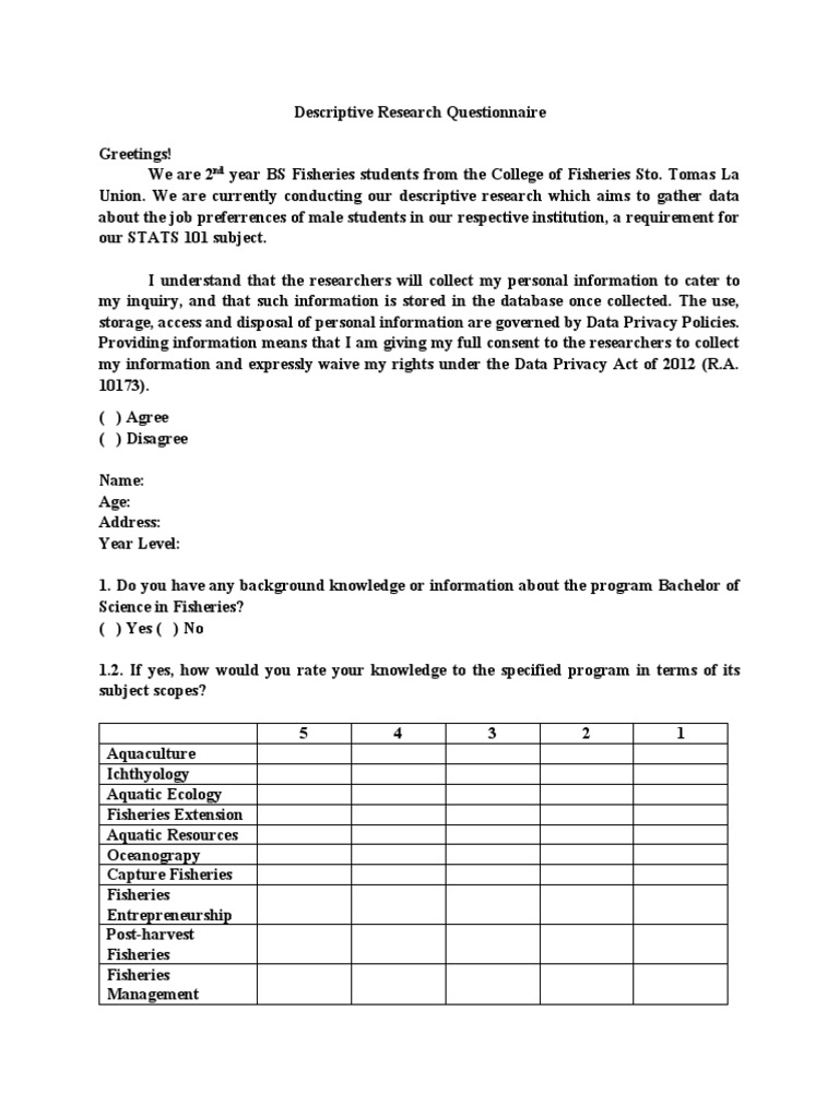 Descriptive Research Questionnaire | PDF | Biologist | Information