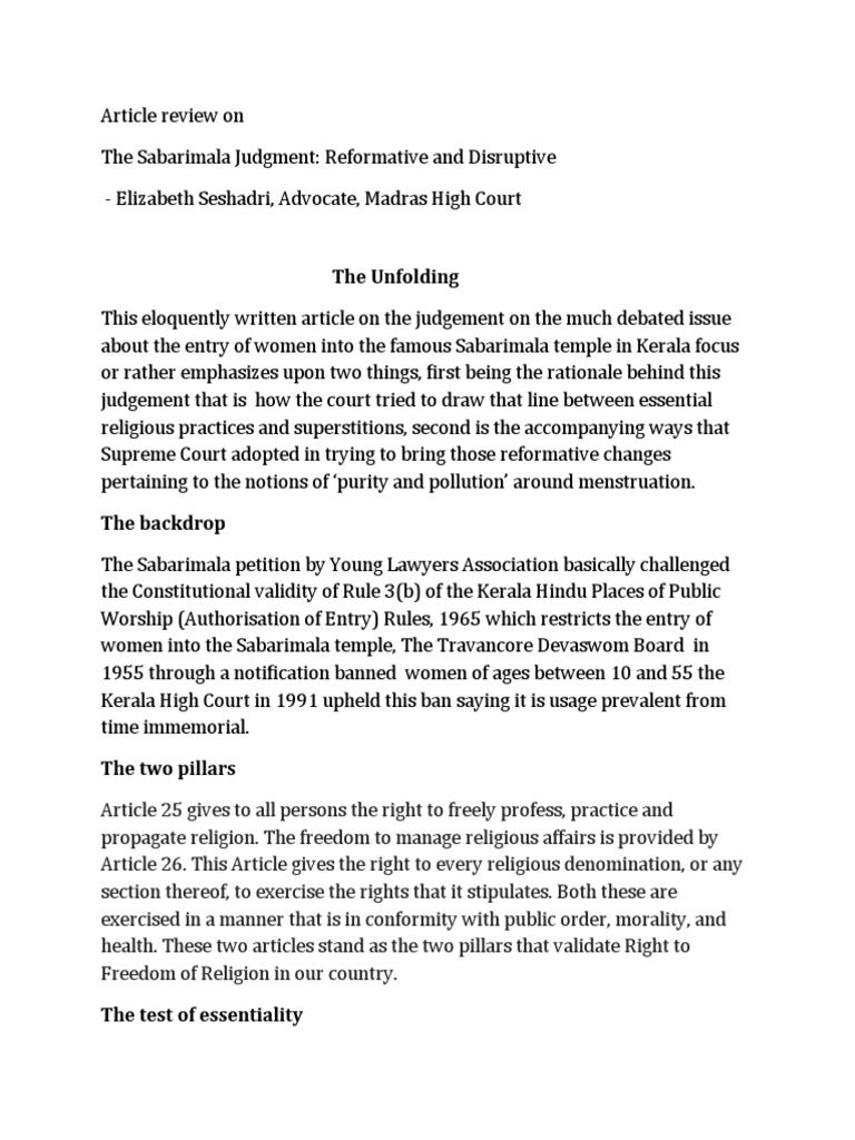 Article Review On Sabarimala Judgement PDF Dignity Justice