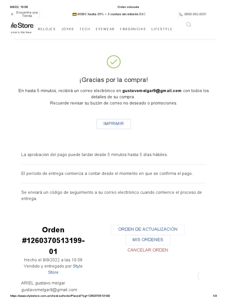 Confirmación de compra en Style Store | PDF