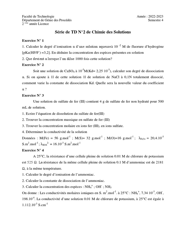 TD 2 de Chimie Des Solutions | PDF | Dissociation (chimie) | Ion
