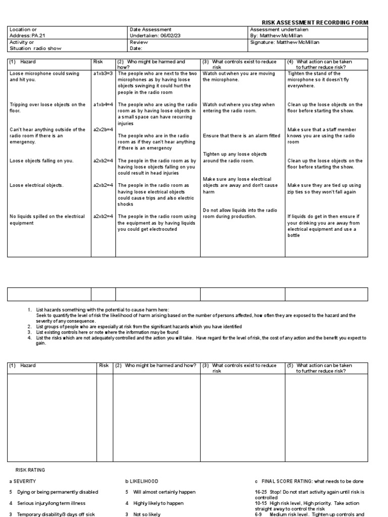 Radio Show Risk Assessment Form | PDF | Risk | Hazards
