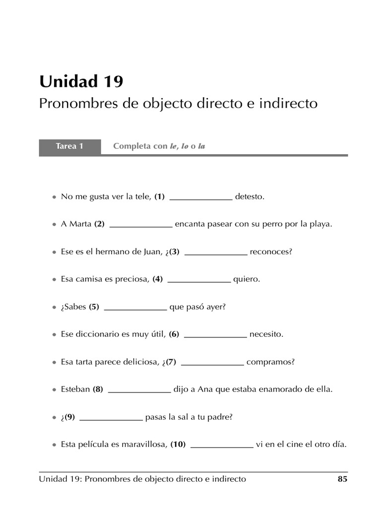 Pronombres de objecto directo e indirecto pdf