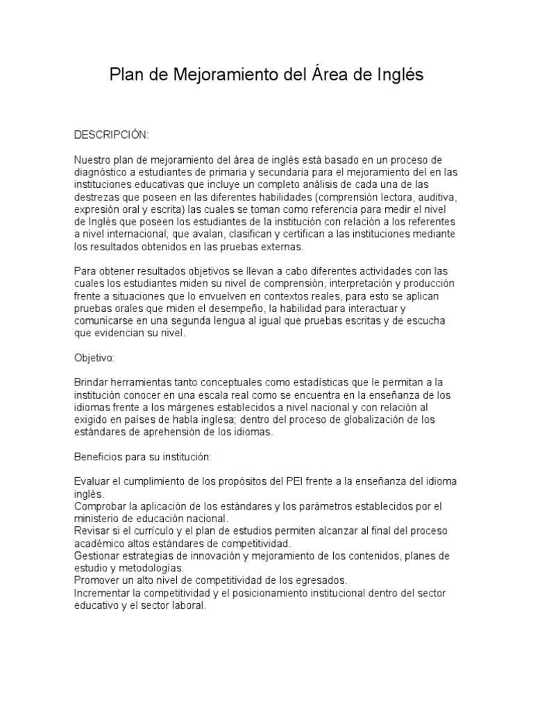 Plan de Mejora en Inglés Escolar | PDF | Plan de estudios | Cognición