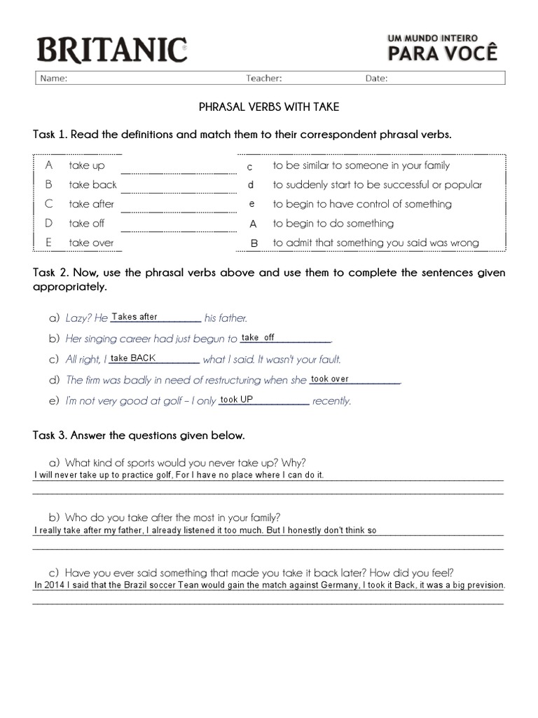 1.1 - Fce - Vocabulary - Phrasal Verbs With Take | PDF | Language Arts ...