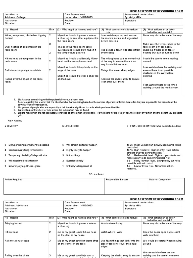 Risk Assessment Form for Hazards | PDF | Risk | Hazards